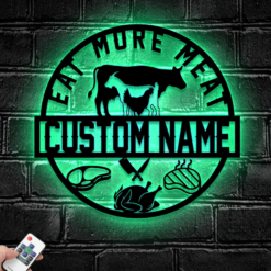 Custom Cow Goat Chiken Meat Shop Metal Wall Art LED Light - Personalized Butcher Shop Name Sign Home Decor